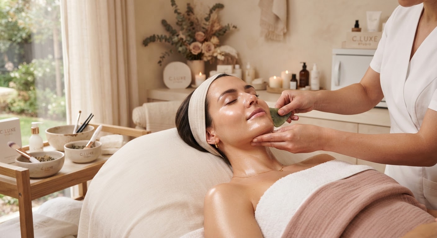 A client relaxing with eyes closed during a facial treatment in soft, warm light
