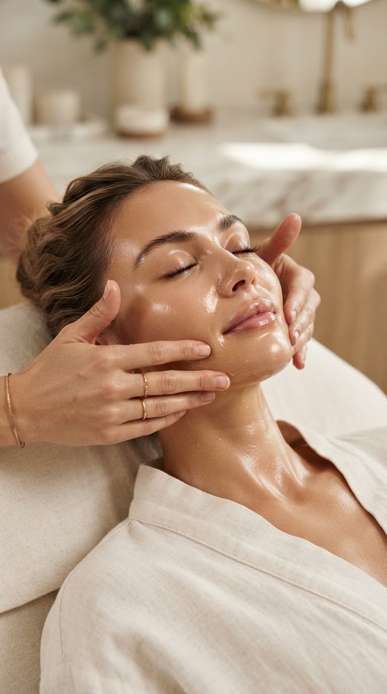 An esthetician’s hands gently massaging a relaxed client’s face during a facial