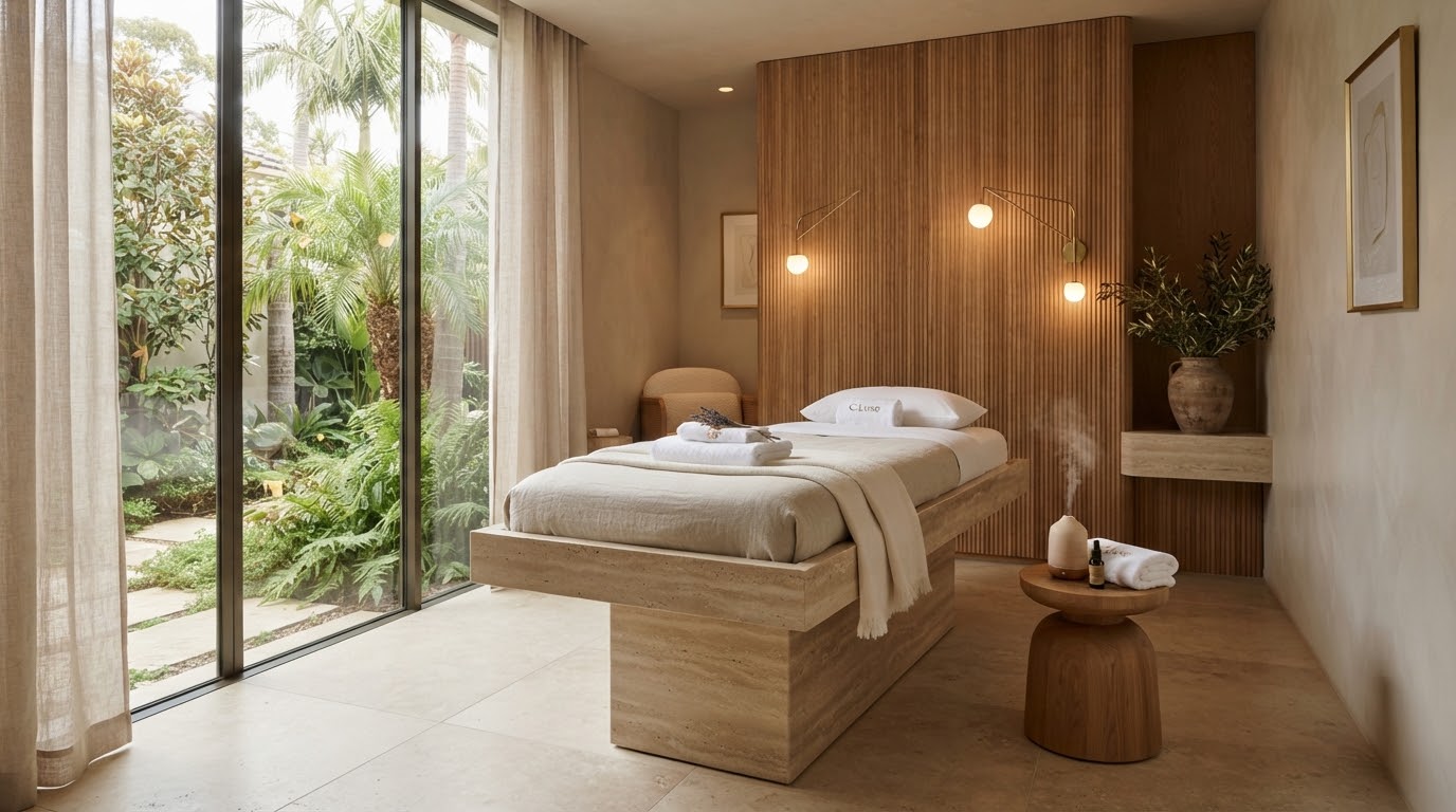 A bright treatment room with a stone treatment bed and floor-to-ceiling windows looking out onto greenery